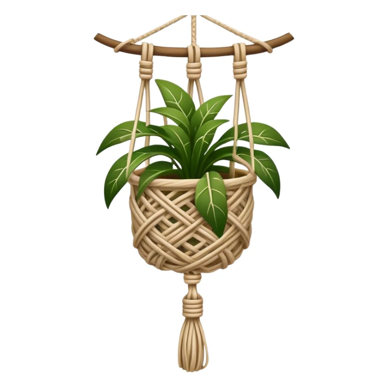 Macramé icon, intricate knot patterns, hanging plant holder, natural cords, woven texture, minimalistic style, clean lines, transparent background. sticker