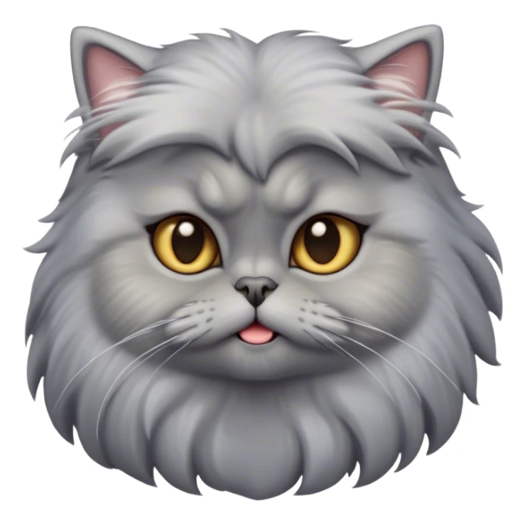 Cinematic Derpy Grey Persian Cat Portrait Emoji, Head tilted playfully with an adorably awkward expression, fluffy grey fur with soft silver undertones, Simplified yet hilariously derpy features, highly detailed, glowing with a warm but slightly confused glow, high shine, a mix of lazy and clueless, stylized with a touch of whimsy, bright but with a completely derpy and grumpy face, soft glowing outline, capturing the essence of a quirky yet chubby, grumpy kitty, so endearing it feels like it could stretch out of the screen and demand attention with its wonderfully derpy charm! sticker