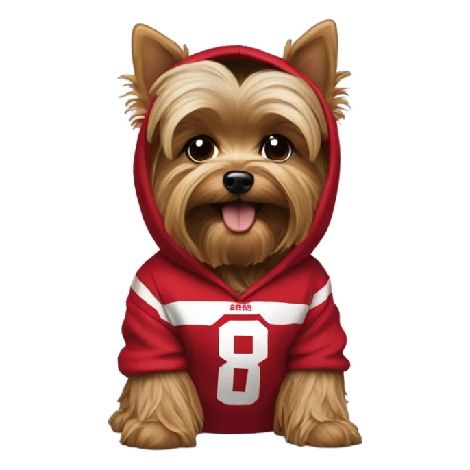 Generate yorkie emoji wearing 49ers hoodie sticker