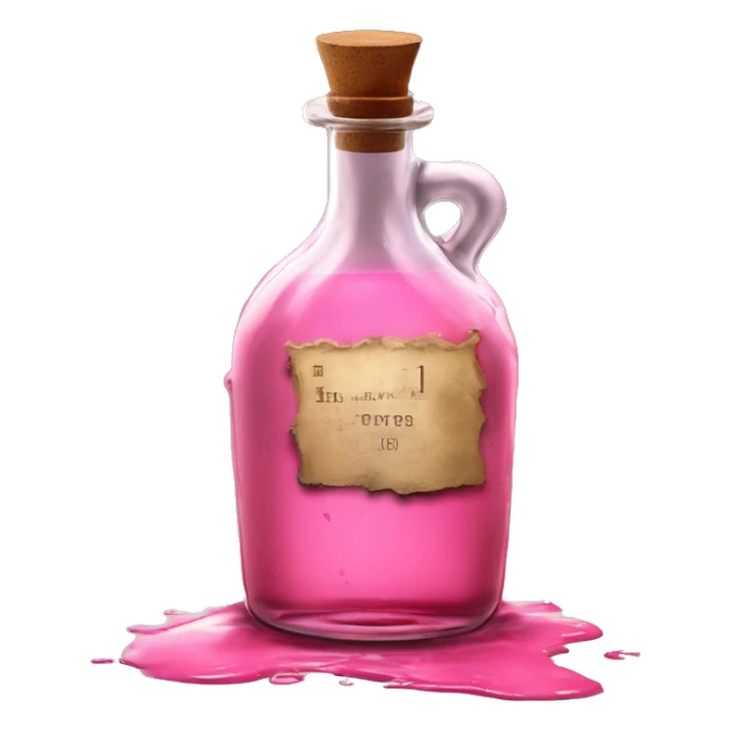 Mysterious Alchemical vintage glass potion bottle, exquisite bottle shape, old and shabby, with label, stylish and minimalistic, brown and pink, oil potion is poured out of the bottle, oil is spilled next to it sticker