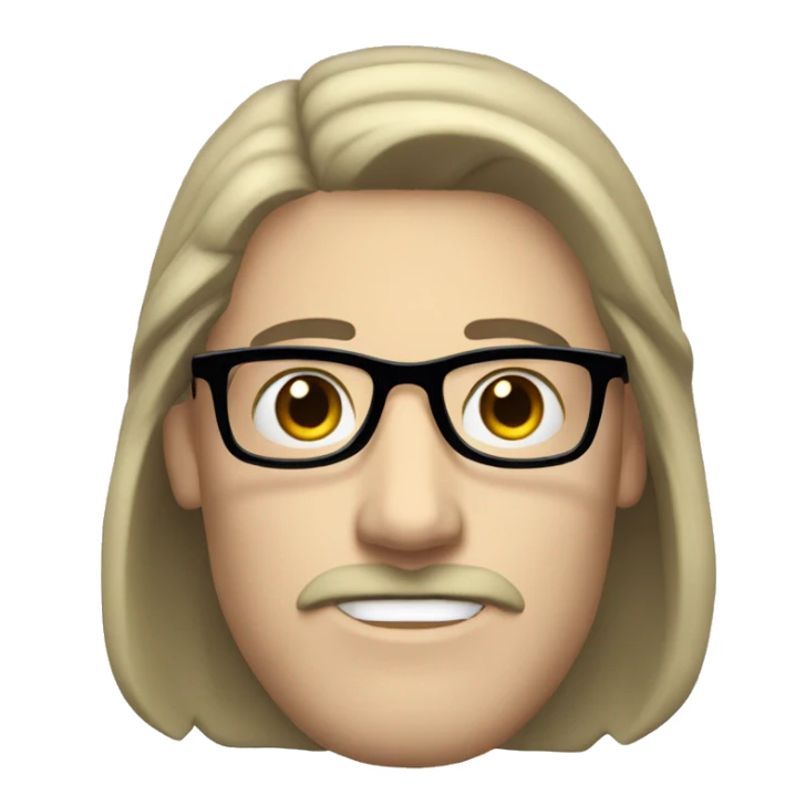 a white-skinned man with black, long and straight hair, a black mustache and glasses sticker