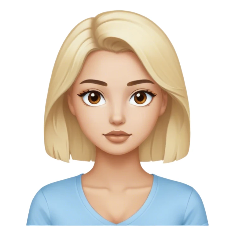 Blonde model with brown eyes, light blue cottons v-neck tee, luxury makeup sticker