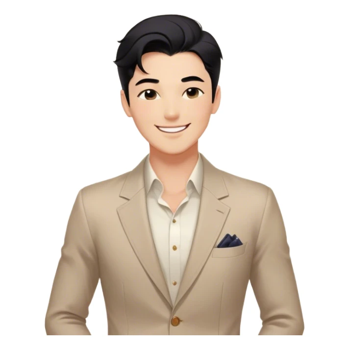 A confident man with black hair, a charming smile, and a stylish outfit. He stands with a relaxed posture, winking at someone, exuding an air of charm and charisma. His appearance is well-groomed, and he gives off a confident yet mischievous vibe, with one eye closed in a playful wink sticker