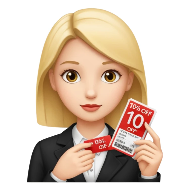 make a elegant girl with a ticket in her hand that says 10 precent off, sticker