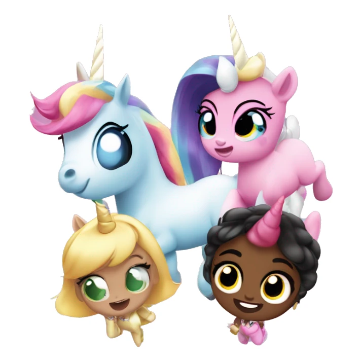 Four unicorns with power puff girls powers flying with hand up in the air sticker