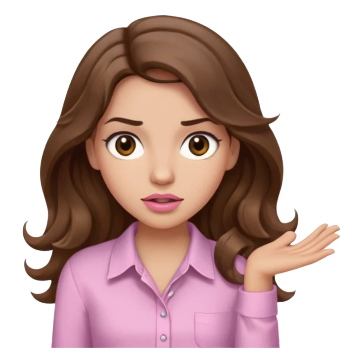 girl with wavy long brown hair, brown eyes, light to medium complexion, long lashes, light pink lipstick, wearing light pink shirt, shrugging sticker