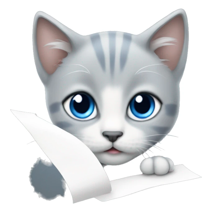 blue eyes grey kitten and a piece of paper sticker