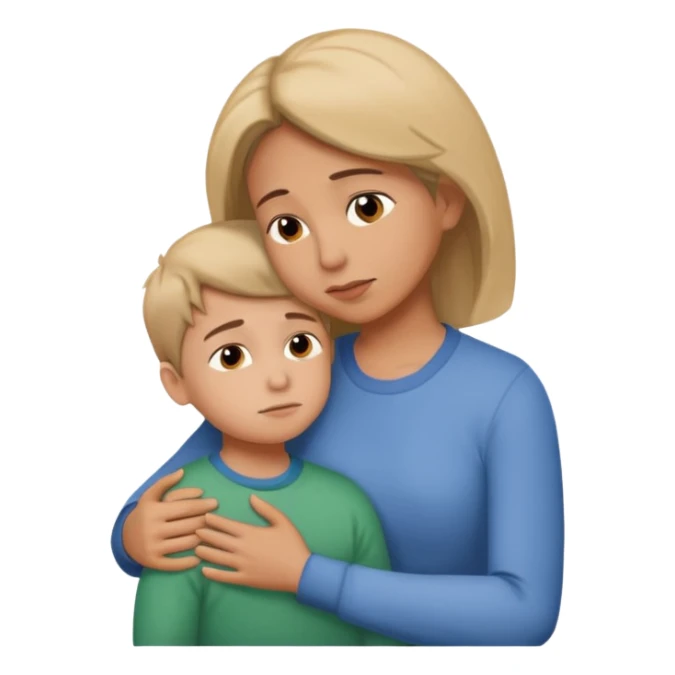 A large breasted mother hugs and comforts her son facing eachother. sticker