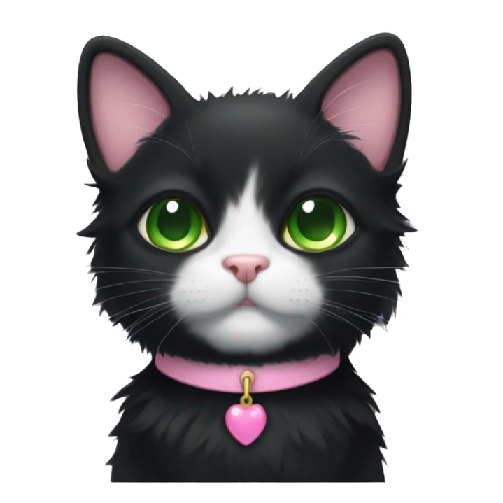 fluffy black tuxedo cat with green eyes and pink nose sticker
