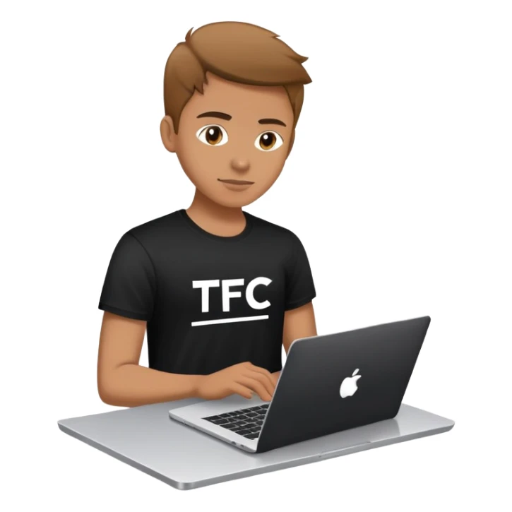 a person in a black t shirt with TFC text on it and laptop sticker