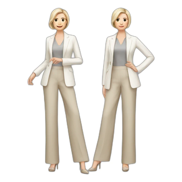 Full height Actively gesturing with hands pale skin woman with ash blonde Straightened bob Hair, White Spacious classical jacket, beige palazzo Arrow pants and gray blouse sticker