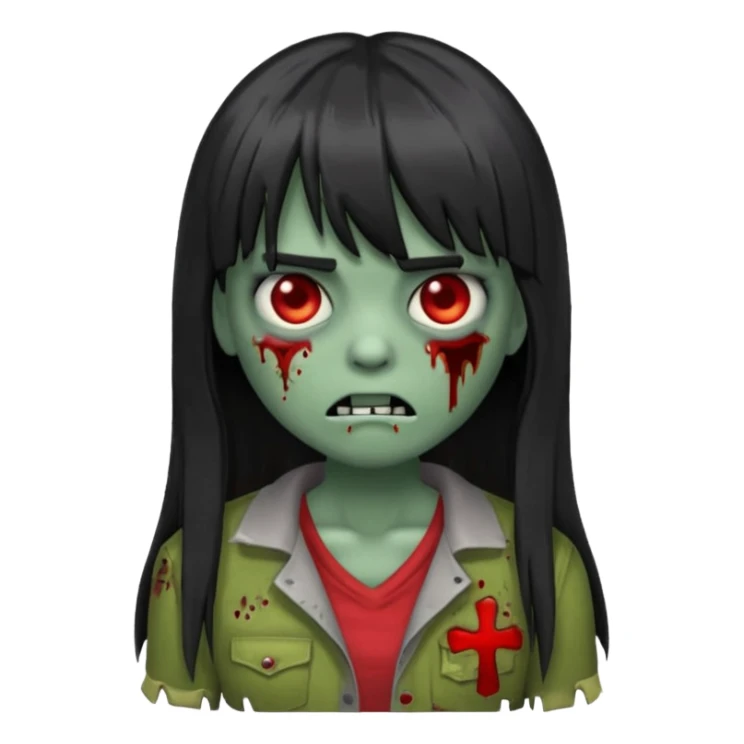 Un emojin de zumbi com cabelo comprido preto e franja sticker