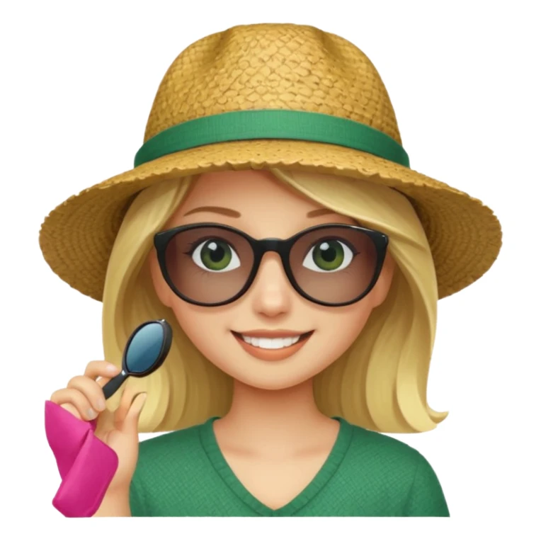 blonde girl in dark green straw hat adjusting sunglasses sticker