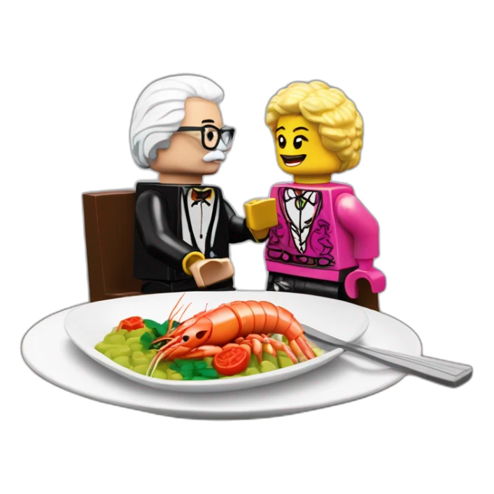 Des Lynam eating prawns with LEGO Lily Savage sticker