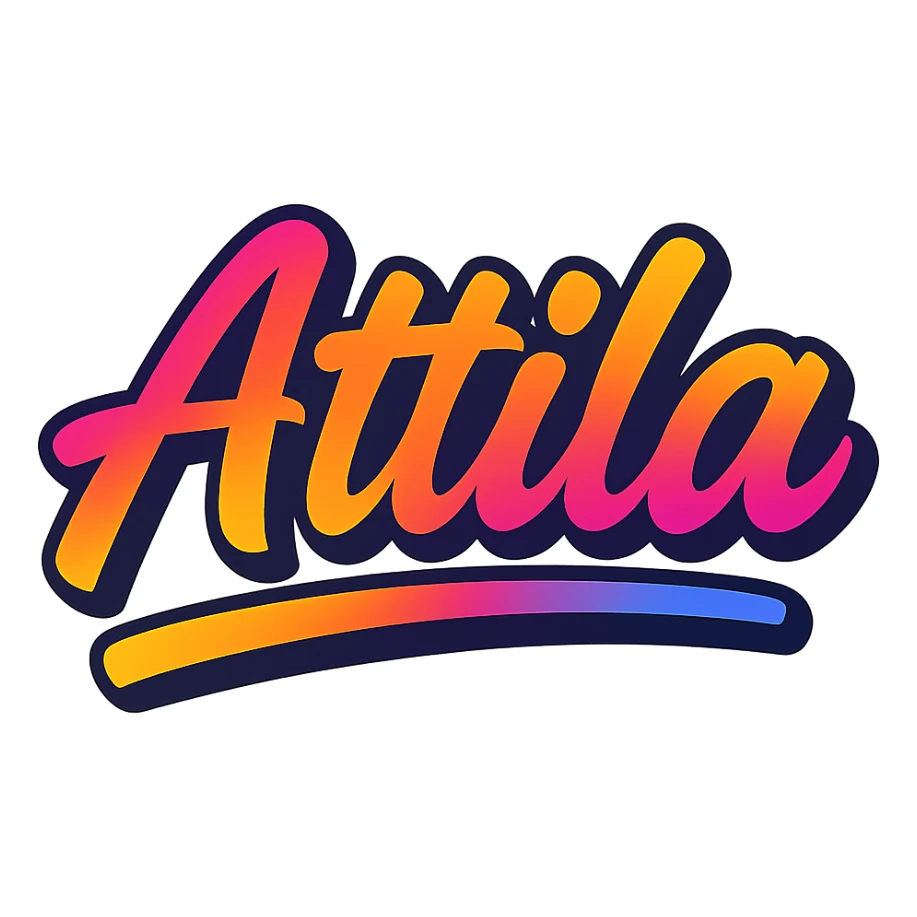 Attila name in modern colorful gradient font with dark outline, partially or fully underlined below the name, transparent background, in the style of sample images sticker