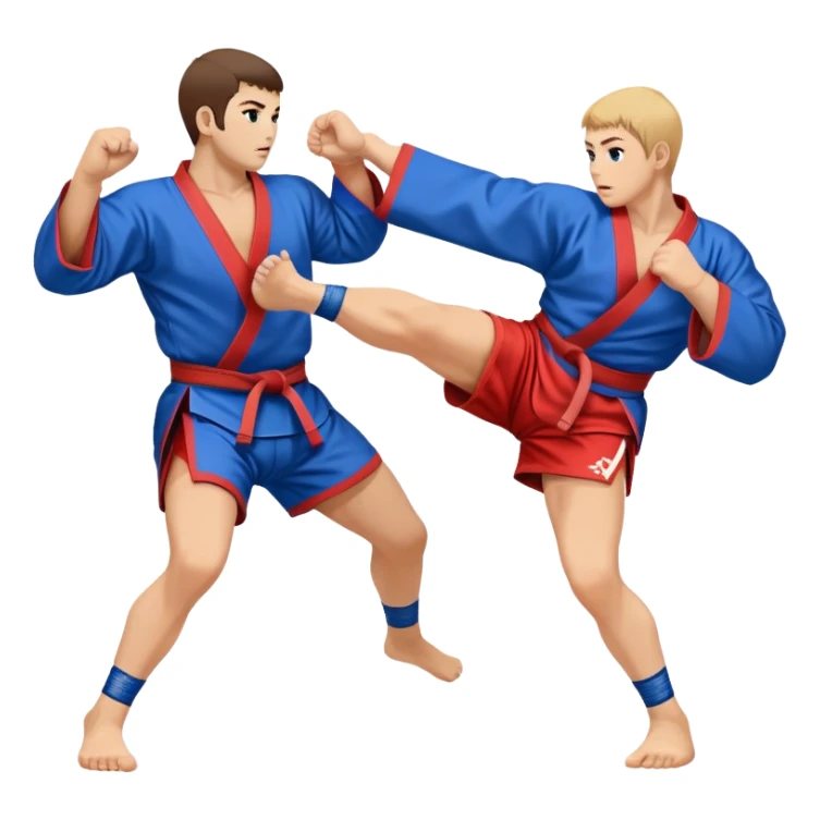 An icon symbolizing Sambo, featuring two fighters in blue and red kimonos with shorts and wrestling shoes. One executes a powerful throw, while the other attempts a defensive grab. The fighters are engaged in a grapple, using joint locks and sweeps.  sticker