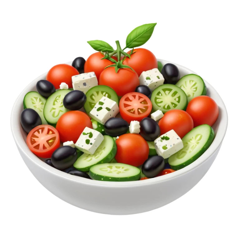 mediterranean salad bowl object icon, tomatoes, cucumbers, olives, feta cheese, olive oil dressing, 3D cartoon, mobile game icon style, clean background, no text, no watermark
 sticker