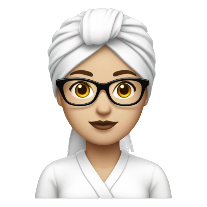White-skinned woman with black square glasses, white clothes and white turban sticker