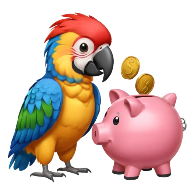 Macaw putting a coin into piggy bank with its beak sticker