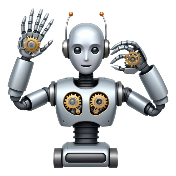 An icon featuring a humanoid robot assembling parts with mechanical arms, a circuit board in its chest, and a conveyor belt in the background. The design includes gears, sensors, and a robotic claw, symbolizing robotics innovation and automation. Transparent background sticker