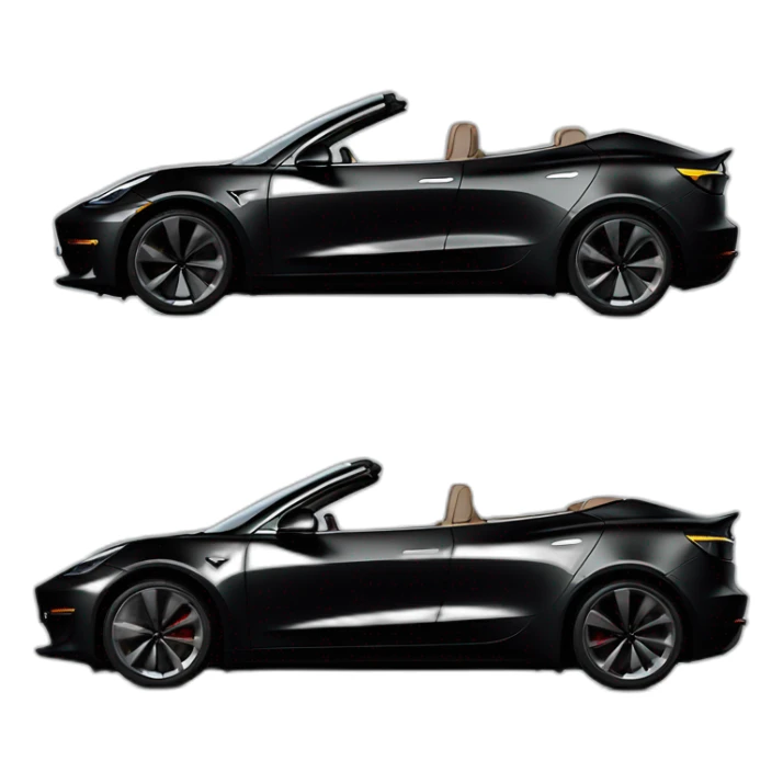 Hyper realistic, open top, black, 2023 Tesla Model 3, black upholstery, side view sticker