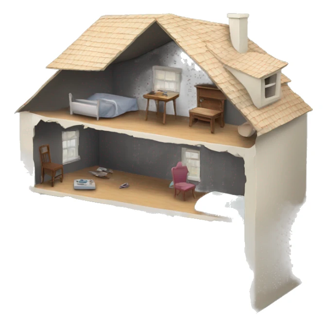 A broken-down dollhouse with a doll sitting inside, lifeless and blank-eyed sticker