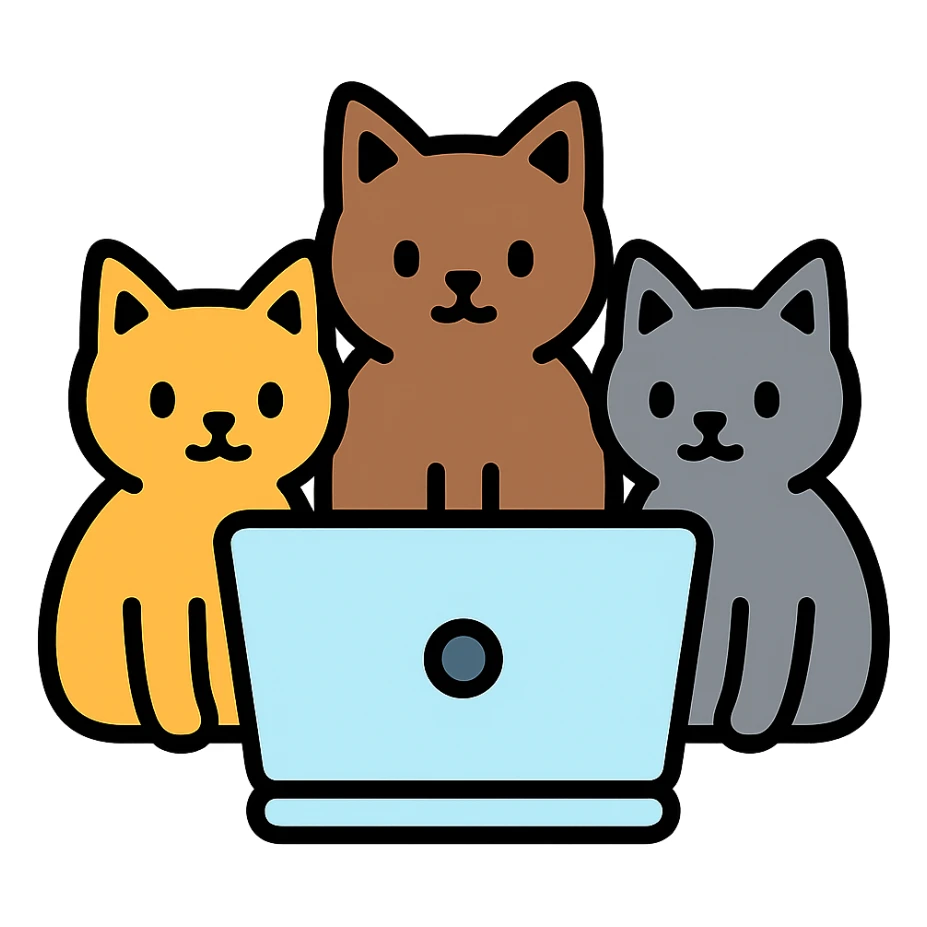 three cats sitting at a computer, color icon style sticker