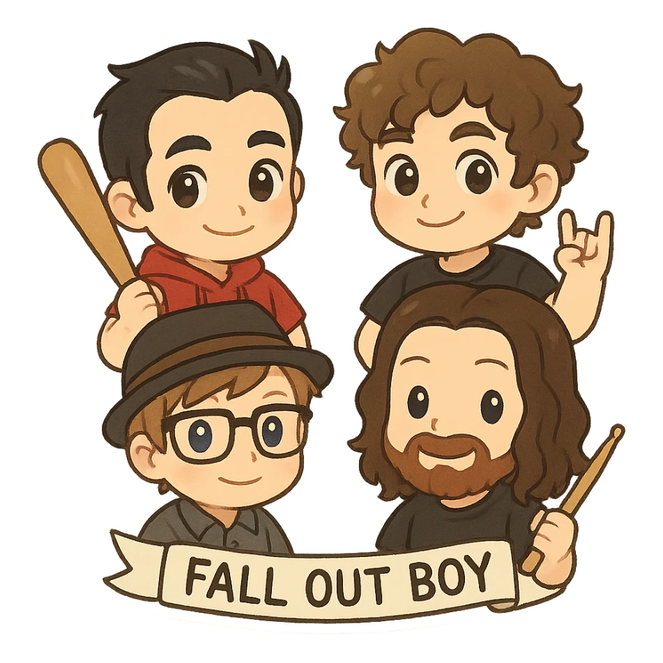 Fall Out Boy band as chibi stickers, cute and exaggerated features, each member with a unique accessory sticker