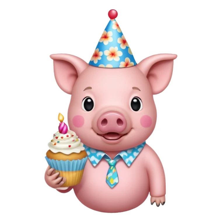 Pig with aloha shirt, birthday hat, holding a cupcake sticker