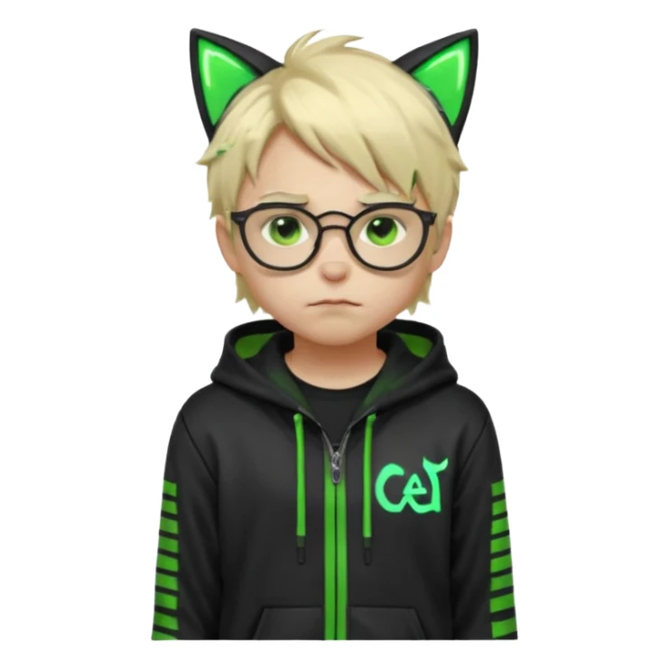 Light blond, slightly messy hair
Black glasses
A black hoodie with cat ears
Neon green details on the jacket and pants (glowing lines and stripes)
An overall hacker / cyberpunk style look
A neutral facial expression (boy )eyes brown) the hood with ears sticker