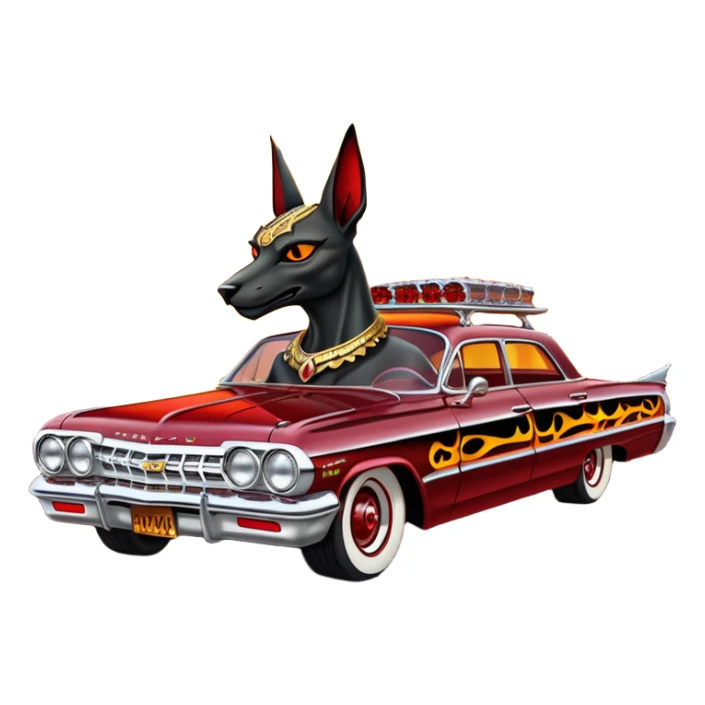 Satans Hot rod custom 1964 impala low rider four door Anubis theme painted hood flaming side-mounted chrome pipes driving straight to hell  sticker