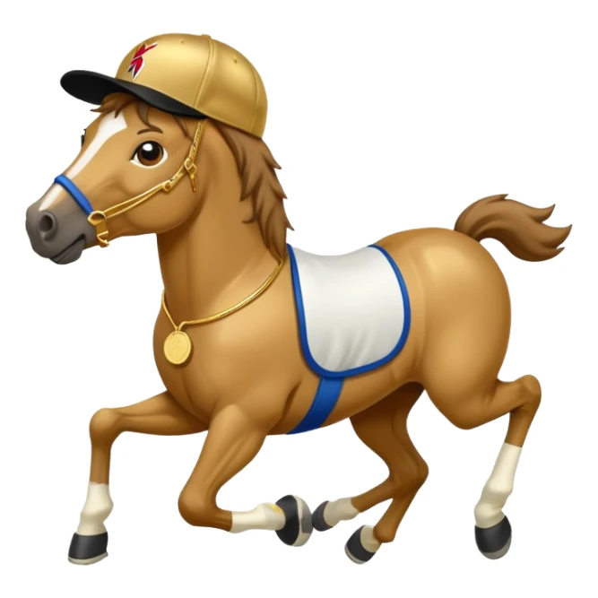 friendly anthropomorphised horse in RUN DMC style outfit, gold medal, baseball hat sticker