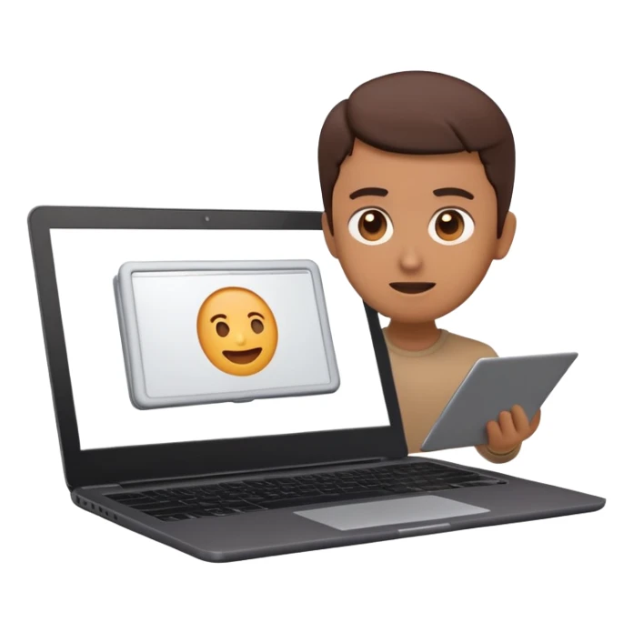 A dark-colored laptop with the screen open. From the screen, a person is emerging, giving a lecture or teaching. The person should look expressive and in a teaching pose. Soft shadows, semi-3D emoji style, clean background. video course sticker