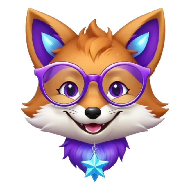 A magical fox with shimmering purple and blue fur, a glowing tail, a silver star on its forehead, and round glasses, laughing so hard that tears are streaming from its eyes. 🦊😂 sticker