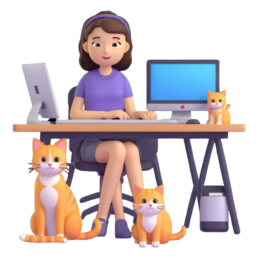 a girl at a desk with a computer with a cat lying beside the computer sticker