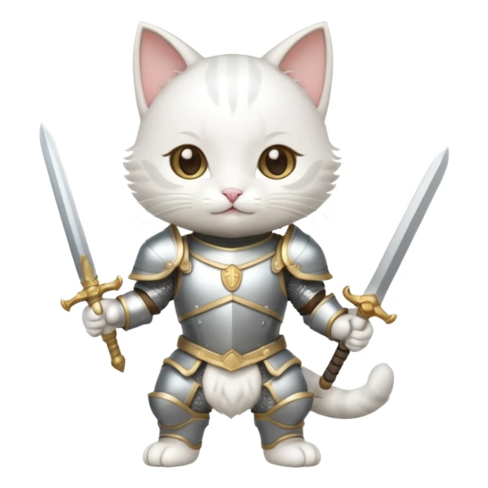 baby chibi white cat in silver armor, full body, smile, hold sword sticker