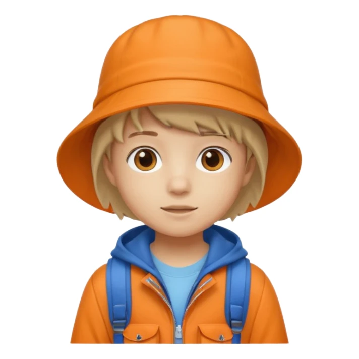 A little student with beige bucket hat, orange jacket, blue backpack sticker