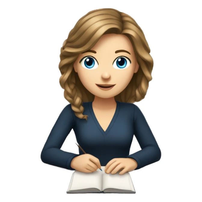 white girl studying at a desk, brown hair, blue eyes sticker