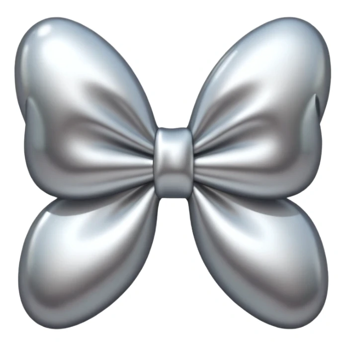 A cute bow emoji made of polished silver chrome, smooth rounded loops, glossy metallic surface, soft mirror reflections, subtle highlights, minimal and adorable proportions, iOS emoji style, centered composition, clean white background, soft studio lighting, no text, no outline, ultra high quality sticker