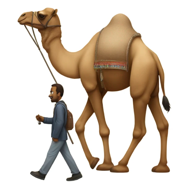 a man walking in front of a camel and holding it sticker