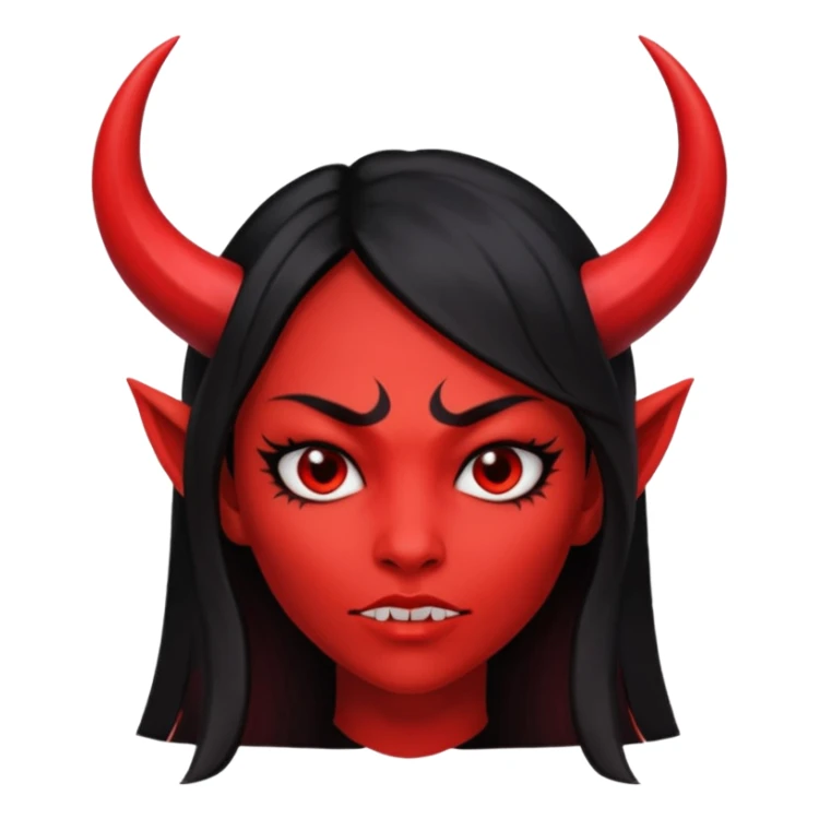 Head only demon girl; face with pronounced cheekbones and angular jaw; skin is uniform pure red (#FF0000) everywhere; long straight smooth black hair; small horns sticker