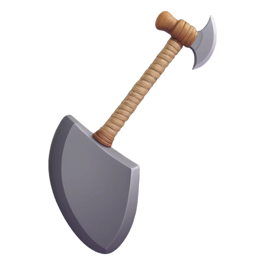 Draw a Stone Age hand axe with a sturdy wooden handle showing visible texture, thick rope binding a roughly shaped gray stone blade at the top. The image should have soft shadows and glossy highlights, polished and three-dimensional, centered on a clean white background. sticker