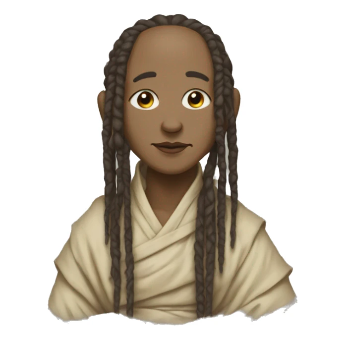 A black light skinned monk, with a dreads tied up on a ponytail, painting on a canvas  sticker