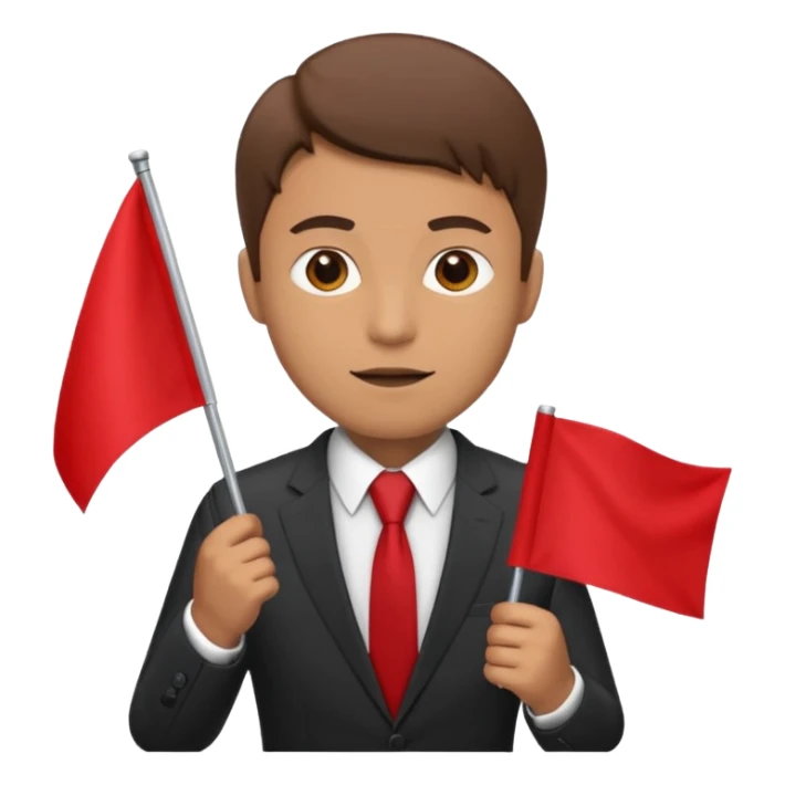 man in a suit holding a blank red flag sticker