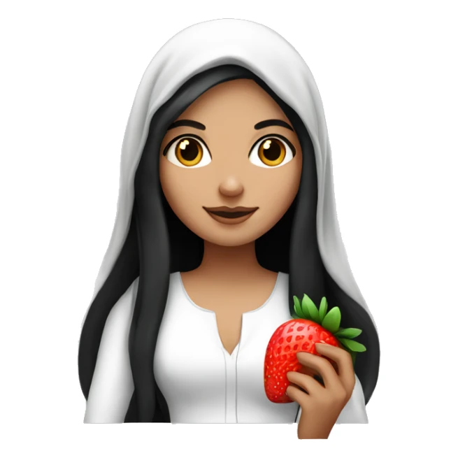 arab white girl with long black hair holding a strawberry sticker