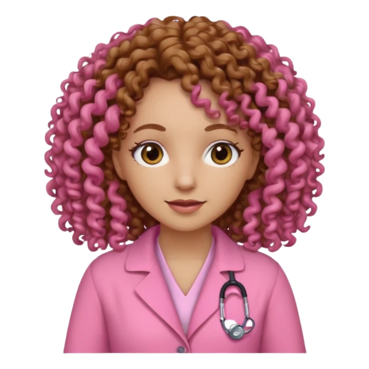 médica, cabelo castanho, pele branca, cabelo cacheado, roupa rosa sticker