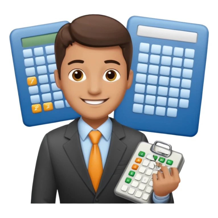 male aUDITOR smiling with spreadsheet and a calculator, emoji, ADD A puzzle and a Balance for accounting sticker