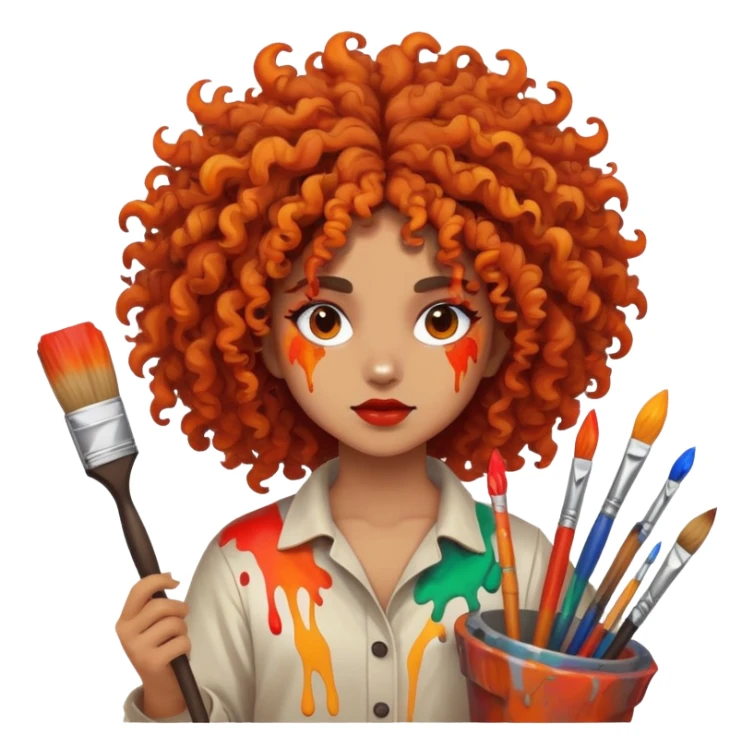 Artistic character with crazy wild hair, creative chaotic vibes, holding paint brushes and surrounded by intense fiery artwork sticker