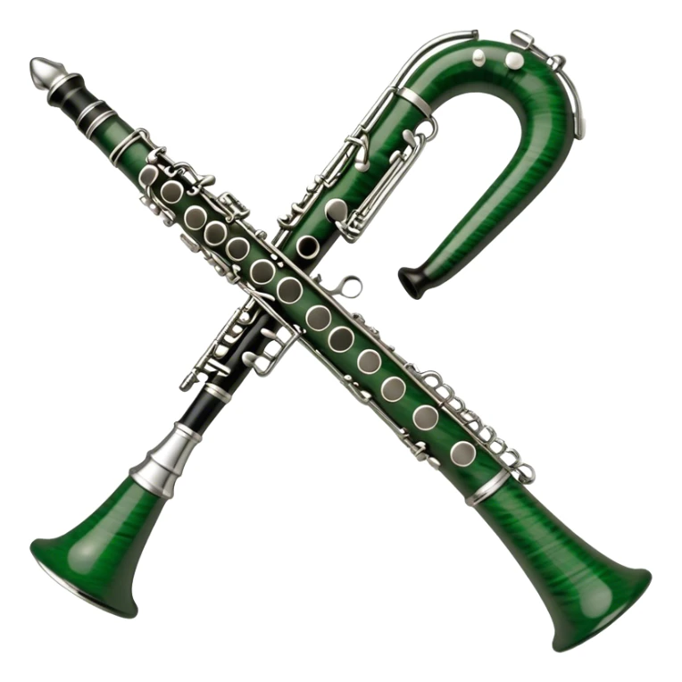Create an elegant and refined emoji representing the Buffet Crampon Legende Green Line A clarinet. The design should showcase the sleek, dark wood finish of the clarinet with its shiny metal keys and elegant detailing. Include the distinct, high-quality features of the Green Line model, such as the unique greenish tint of the wood, giving it a modern and sophisticated look. Add subtle elements like the mouthpiece with the reed, emphasizing its importance in sound production. Use dark tones like ebony, silver for the keys, and soft light reflections to evoke a professional, classical feel. The background should be transparent. sticker
