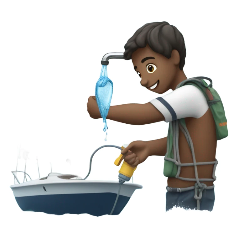 boy pouring water from a hose onto a sailboat  sticker